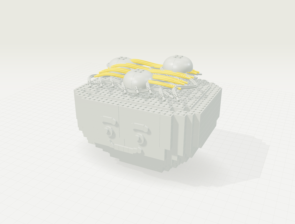 Step 28: One more happy tangle. New parts in color, previously placed parts in gray.
